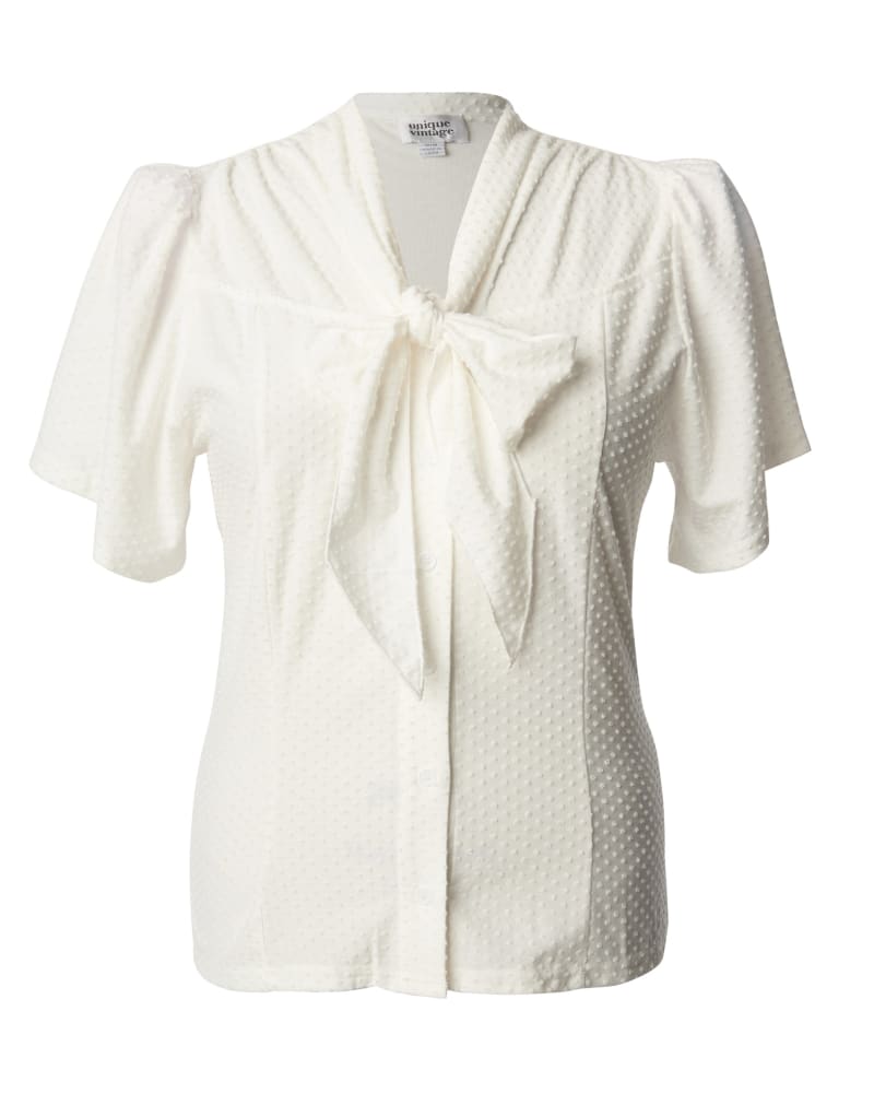 Front of a size 2X Unique Vintage Ivory Clip Dot Tie Collar Top in White by Unique Vintage. | dia_product_style_image_id:299030